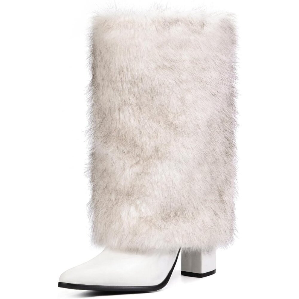 Womens 3.3 Inch White Chunky Mid Calf Fur Heel Fuzzy Pointed Toe Boots